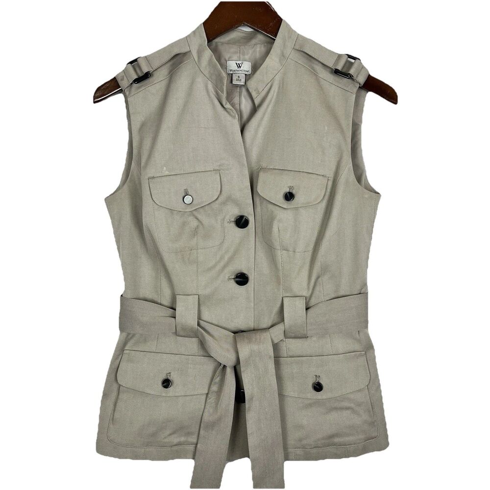Worthington Women Beige Utility Vest Belted Safari Sleeveless Jacket S - Picture 2 of 16